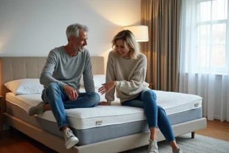 Couple adulte inspectant un matelas moderne dans une chambre lumineuse