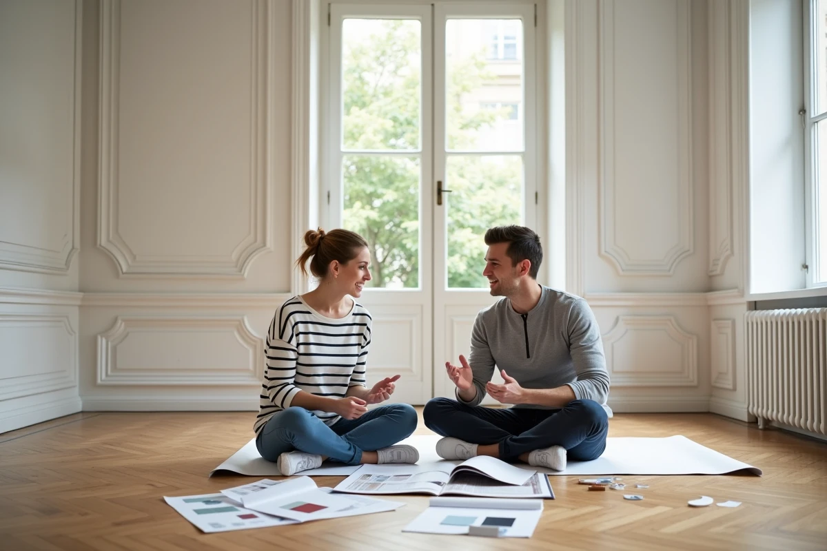 Couple planifiant l'aménagement de leur appartement vide ensemble, entourés d'échantillons de peinture et de croquis dans un salon parisien lumineux