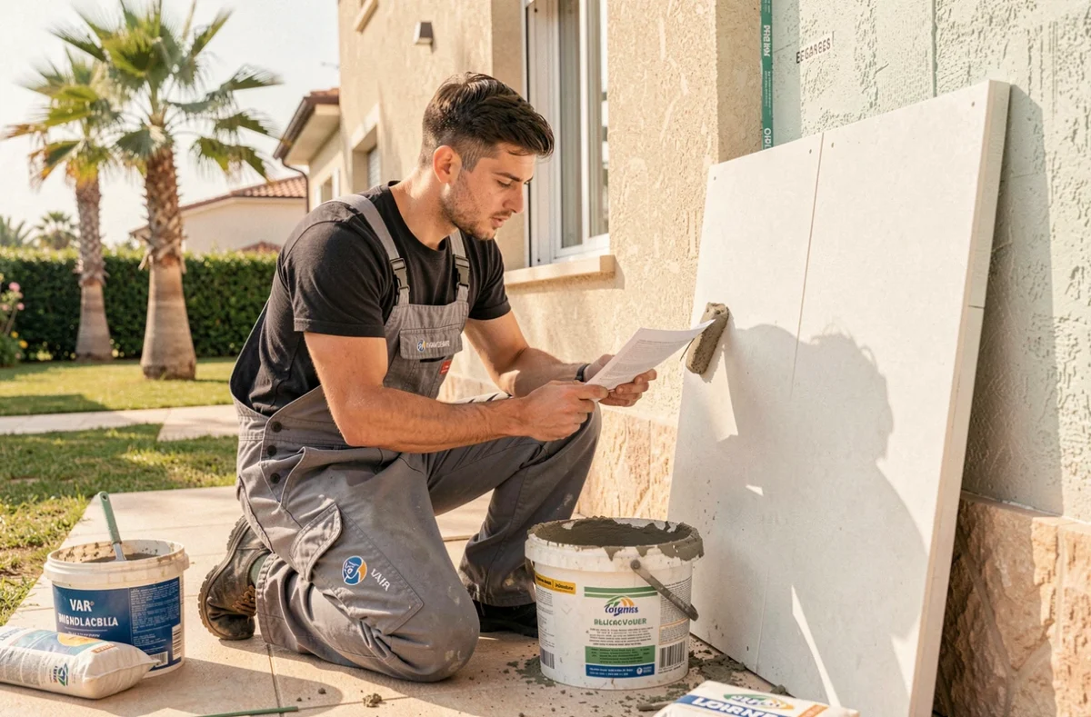 Technicien de Das-renovation.fr préparant du mortier de rénovation avant la pose d'un système d'isolation thermique par l'extérieur sur une villa du Var