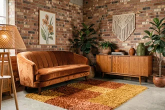 Salon décoré dans un style années 70 avec canapé en velours orange brûlé, tapis shag terracotta et vases en céramique olive