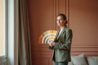 Décoratrice d'intérieur à Lille comparant des échantillons de couleur dans un appartement haussmannien avec parquet en chevrons et murs en terracotta