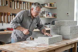 Homme découpant un bloc de béton cellulaire avec une scie à main pour fabriquer un meuble de salle de bain