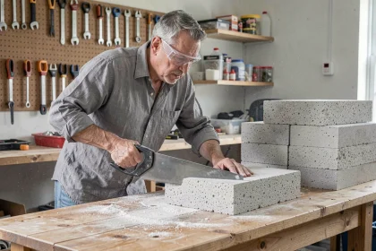 Homme découpant un bloc de béton cellulaire avec une scie à main pour fabriquer un meuble de salle de bain