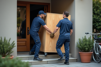 Deux livreurs en uniforme transportent un grand meuble devant un immeuble