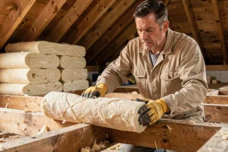 Artisan déroulant un rouleau d'isolant thermique en laine minérale sur le plancher d'un grenier en bois