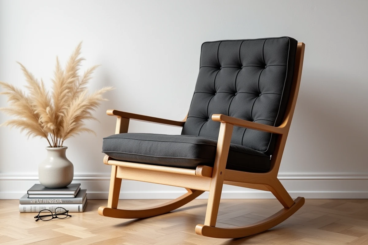 Détail rapproché d'un fauteuil à bascule scandinave en bouleau avec coussin en laine anthracite touffeté, sur parquet chêne clair avec accessoires déco naturels
