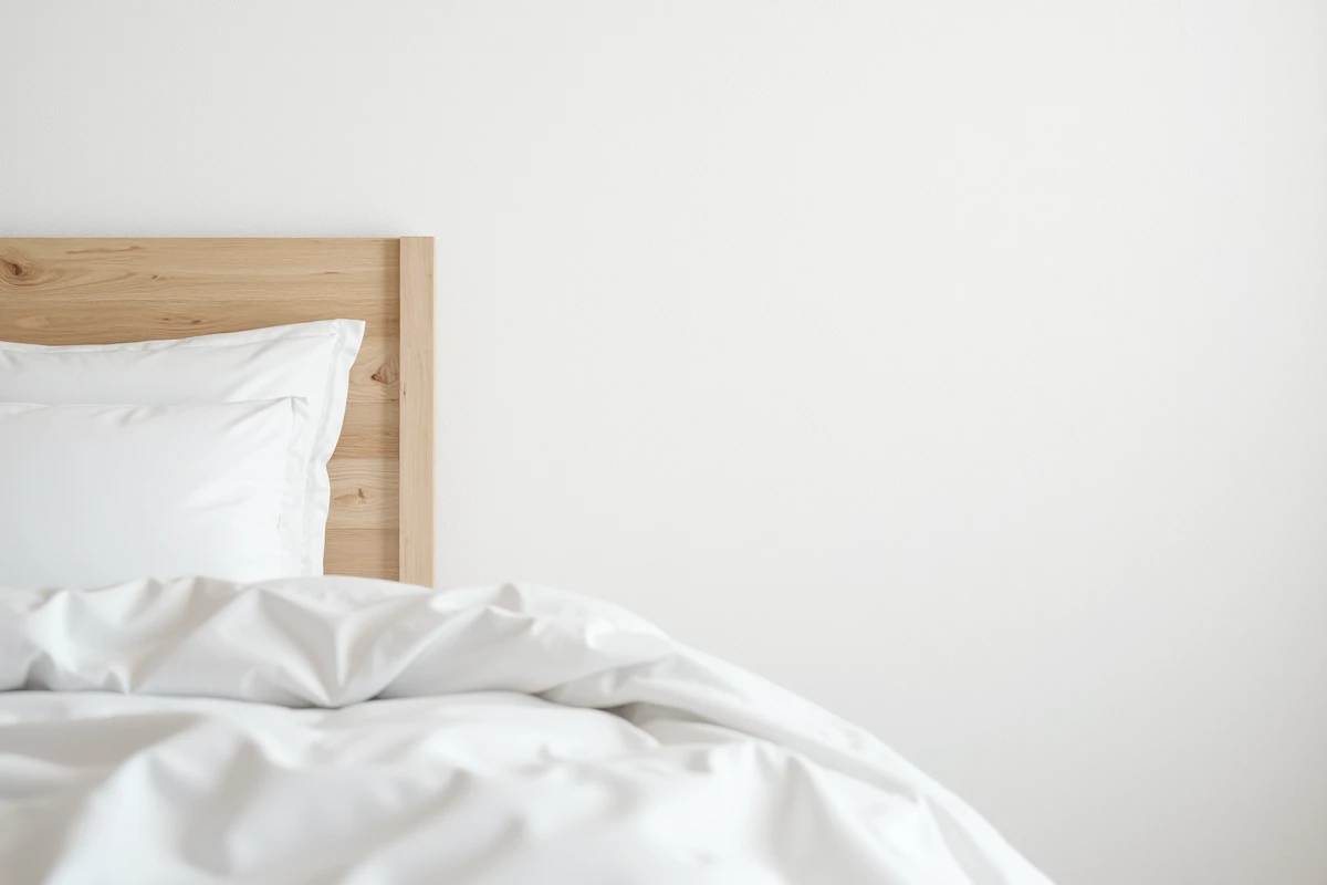 Gros plan sur un papier peint blanc texturé à motif damassé en relief dans une chambre scandinave avec tête de lit en chêne et linge blanc