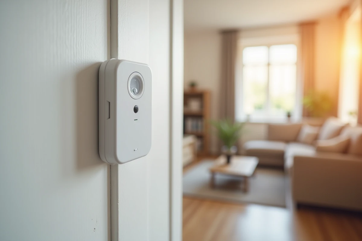 Détecteur de mouvement et capteur de porte Verisure installés sur un encadrement de porte blanc dans un salon résidentiel