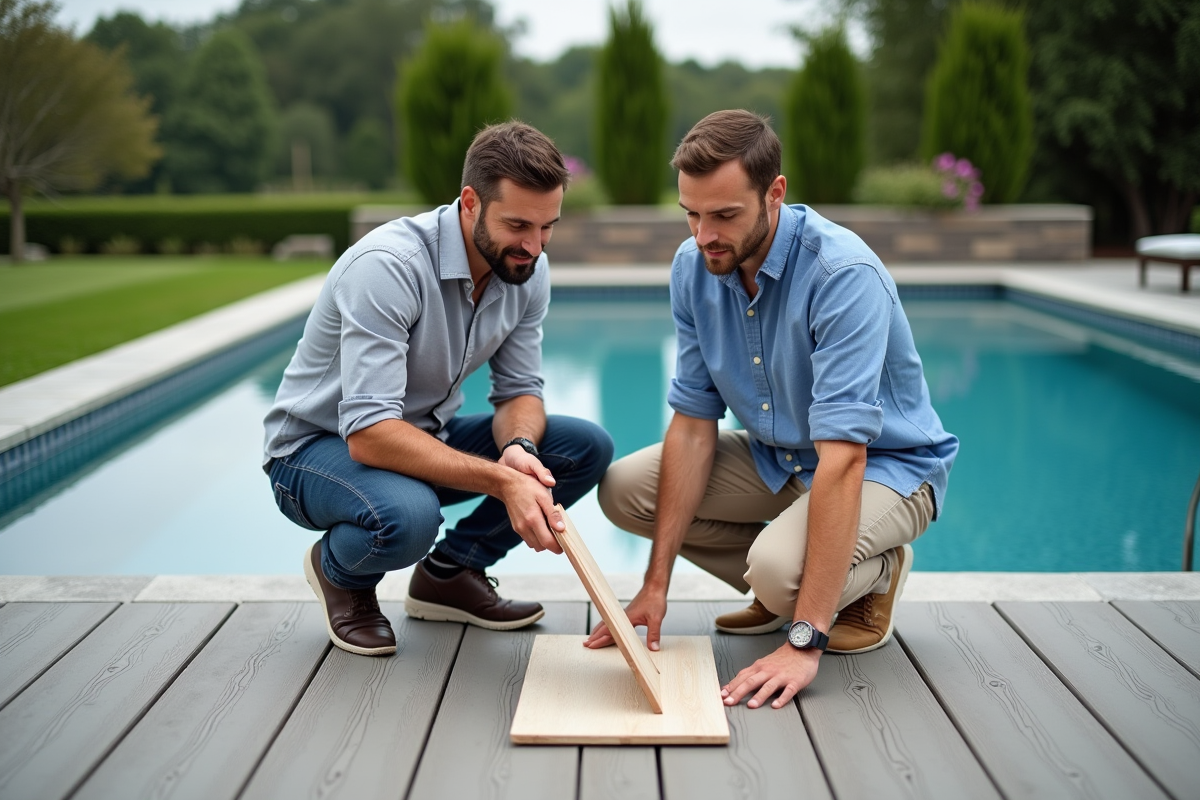 Deux hommes discutant échantillons de deck composite