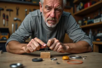 Homme tentant de dévisser une vis foirée dans du bois avec un tournevis manuel dans un atelier