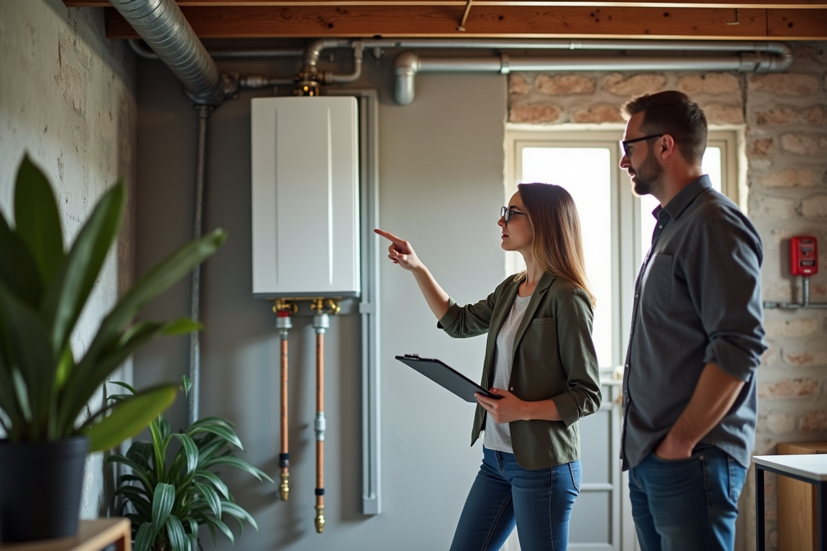 Femme discutant avec un propriétaire dans un sous-sol rénové