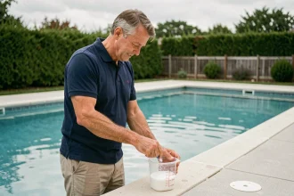 Homme mesurant la quantité de sel pour piscine avec un verre doseur au bord d'un bassin rectangulaire