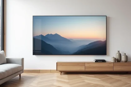 Écran numérique grand format intégré dans un salon moderne affichant une photo de paysage montagneux en haute résolution