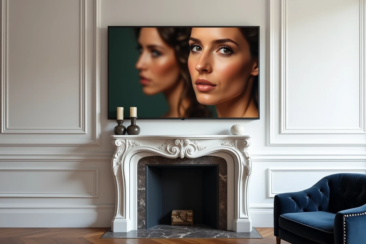 Écran numérique grand format affiché au-dessus d'une cheminée dans un appartement haussmannien transformant le mur en galerie photo