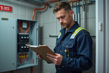 Électricien homme inspectant un panneau électrique résidentiel