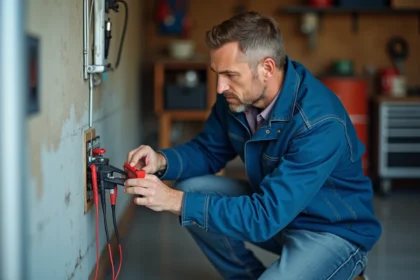 Électricien vérifiant une prise électrique murale dans un garage