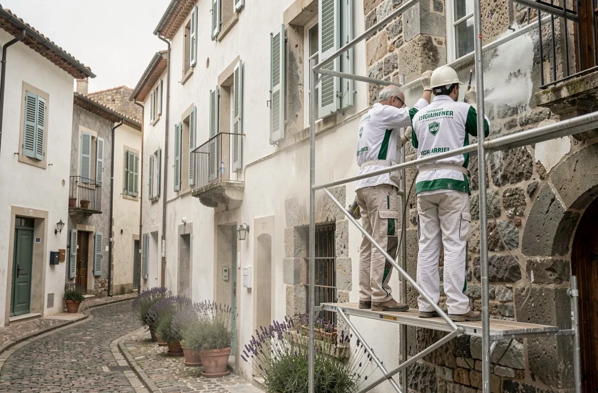 Deux techniciens d'Elite Façade nettoyant et ravivant la façade en pierre d'un bâtiment historique dans un village varois, avec échafaudages et équipements professionnels