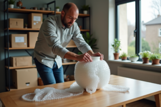 Homme emballant un vase en céramique dans un bureau moderne