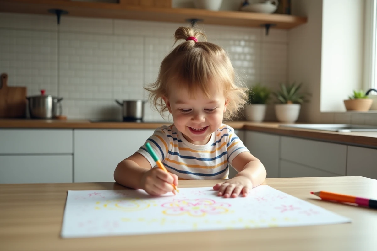 Enfant dessinant avec des marqueurs sur une table protégée dans la cuisine