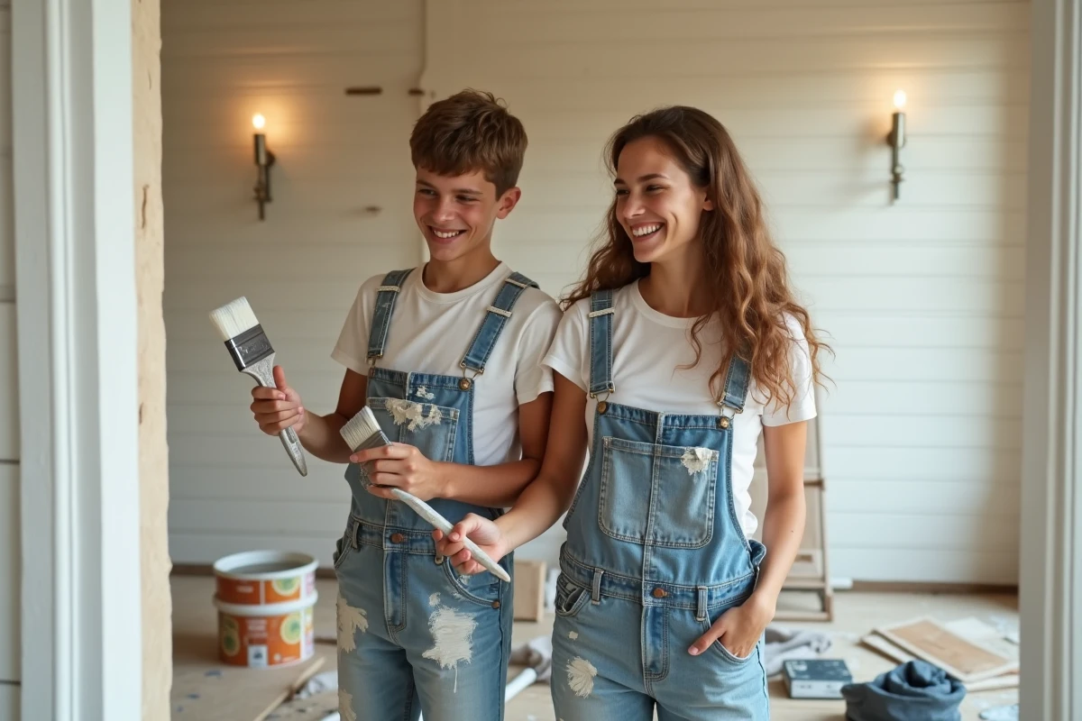 Jeunes adultes et adolescents travaillant sur un chantier de rénovation familial, peignant un panneau en bois dans une pièce en cours de transformation
