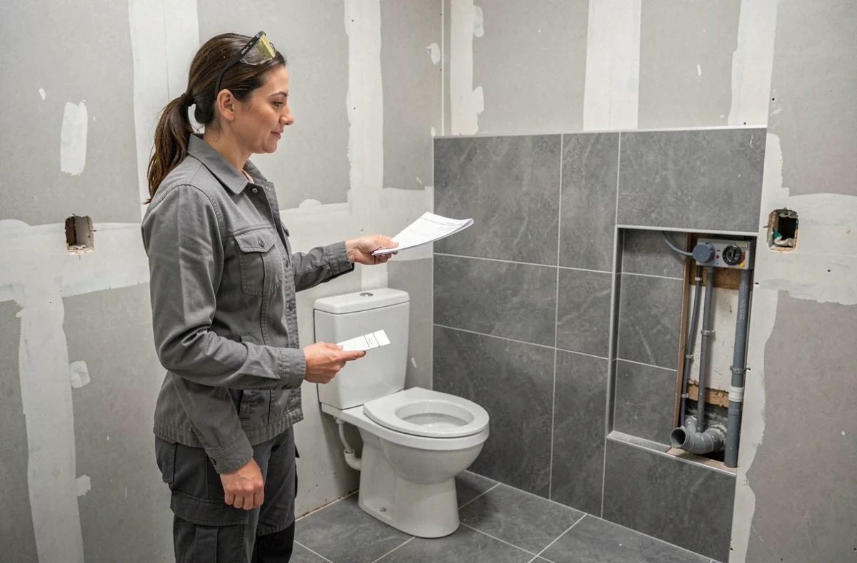 Entrepreneur en rénovation présentant le système d'évacuation encastré d'un WC dans une salle de bain moderne