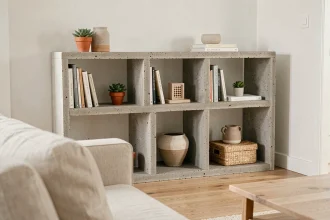 Étagère en béton cellulaire faite maison dans un salon scandinave avec livres et plantes, finition brute texturée