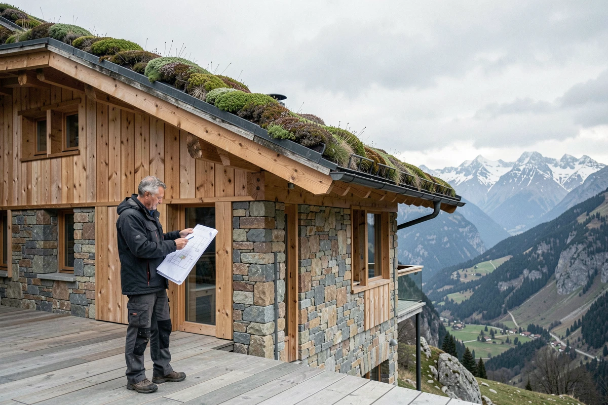Architecte consultant des plans devant la façade en pierre et bardage mélèze d'un chalet écologique achevé avec toiture végétalisée