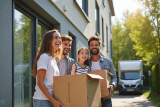 Famille heureuse déplaçant des cartons dans un appartement moderne ensoleillé