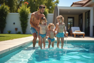 Famille souriante en maillots de bain à la piscine extérieure