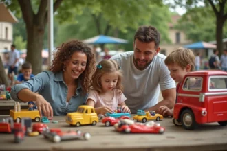 Famille de quatre découvrant des jouets vintage en vide grenier
