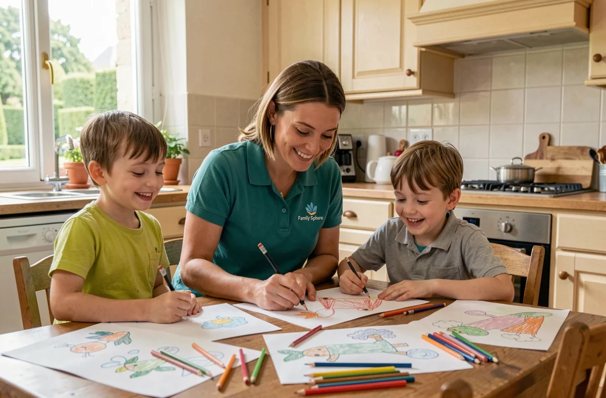 Garde d'enfants Family Sphere Versailles faisant un atelier dessin avec deux enfants dans une cuisine familiale