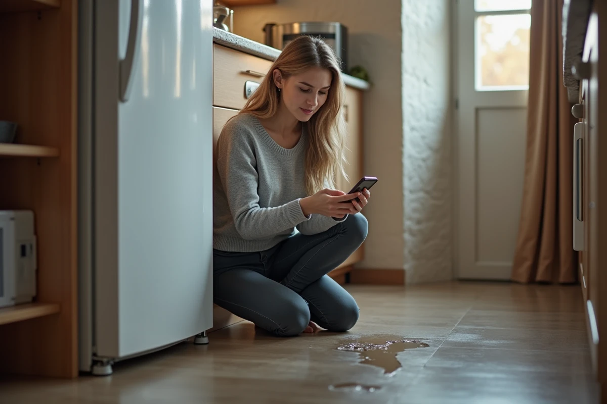 Jeune femme appelant un plombier devant sa fuite d