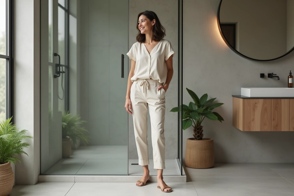 Femme souriante touchant le seuil de douche en béton dans une salle de bain contemporaine