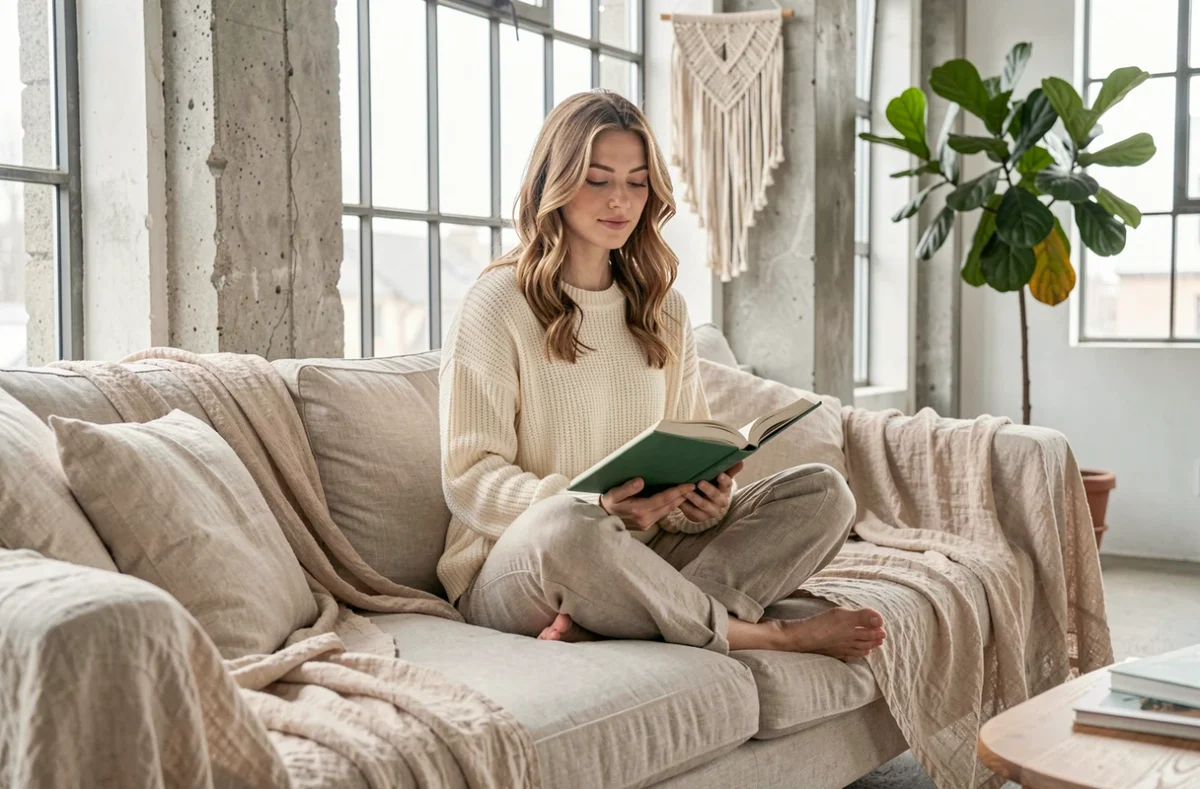 Femme détendue assise sur un canapé avec jeté beige en coton dans un appartement bohème scandinave lumineux aux grandes fenêtres industrielles