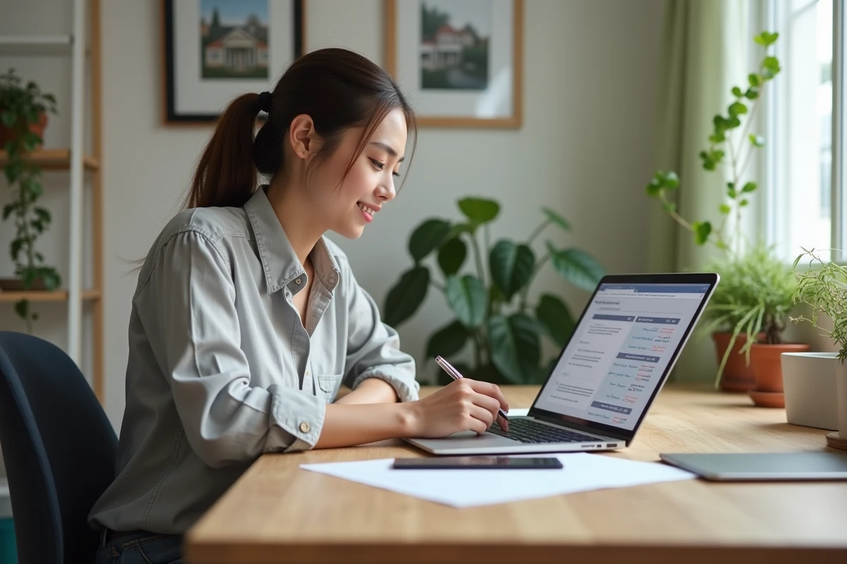 Jeune femme compare devis de rénovation dans un bureau à domicile