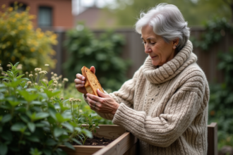 Femme d'âge moyen déposant du pain dans un composteur de jardin