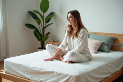 Jeune femme en pyjama souriante sur le lit moderne