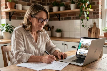 Femme consultant le site agorenovation.fr sur son ordinateur portable pour financer ses travaux de rénovation