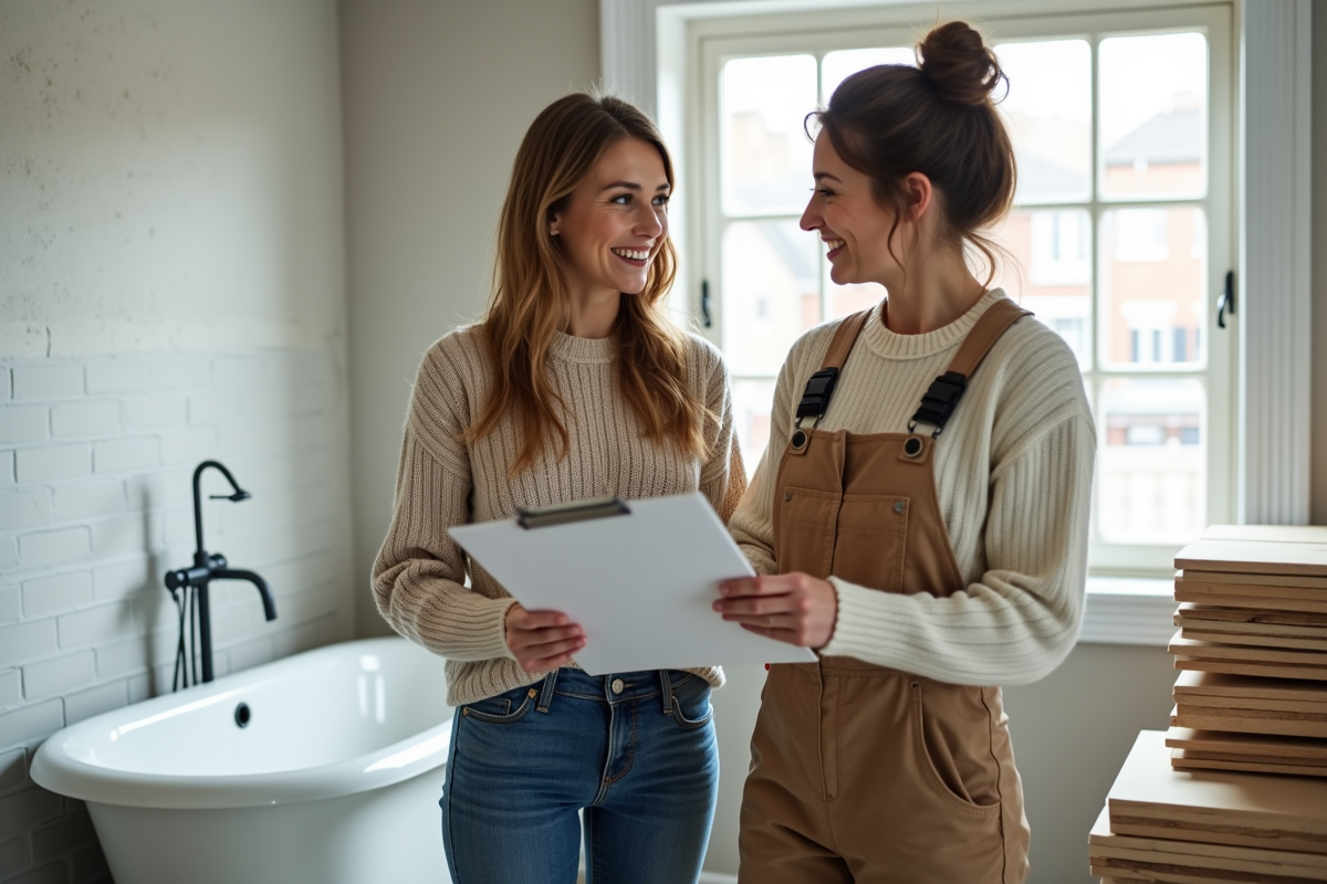 Femme souriante consulte un devis avec une entrepreneuse
