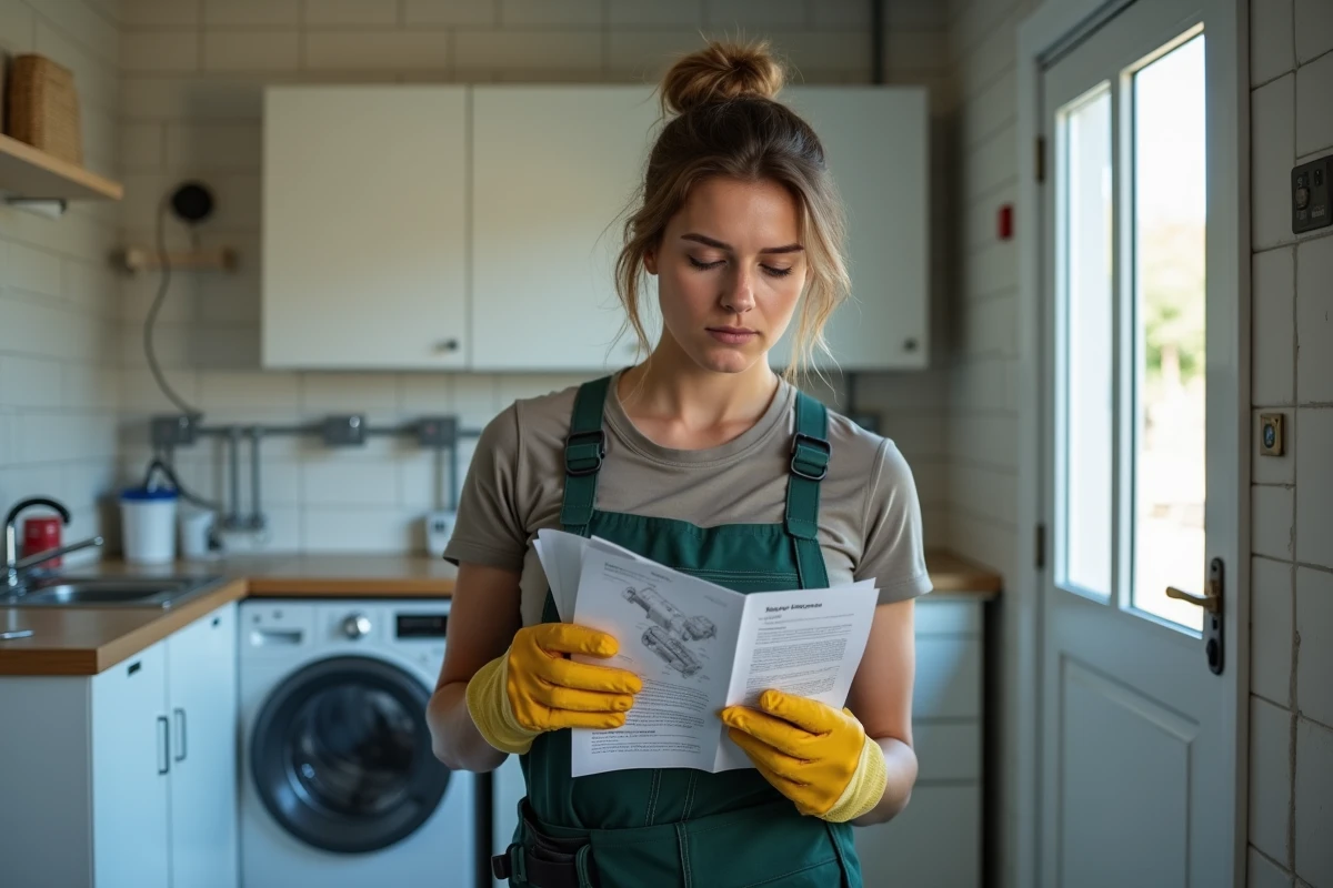 Jeune femme inspectant une fiche électrique dans une pièce moderne