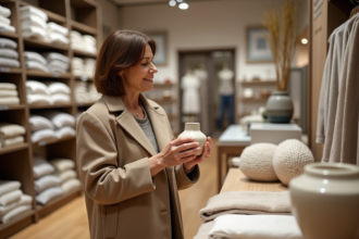 Femme élégante examinant un vase en magasin à Paris