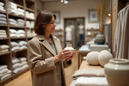 Femme élégante examinant un vase en magasin à Paris
