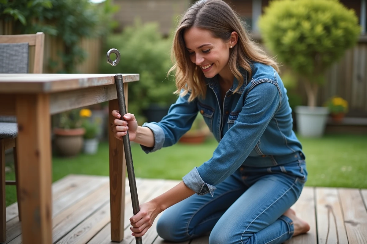Jeune femme dévissant une table de jardin avec une clé