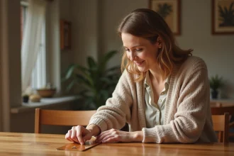 Femme ajustant un drap de table brillant dans une salle à manger chaleureuse