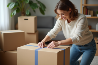 Femme emballant un carton avec du ruban adhésif dans un salon