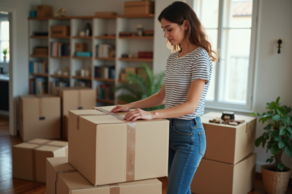 Jeune femme emballant un carton dans un salon lumineux
