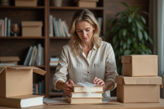 Femme emballant des livres avec du papier kraft dans un intérieur chaleureux