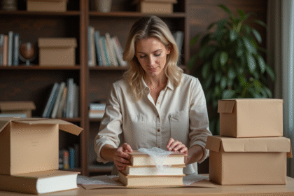 Femme emballant des livres avec du papier kraft dans un intérieur chaleureux