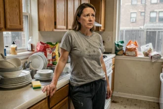 Femme épuisée appuyée sur le comptoir de cuisine entourée de vaisselle sale, illustrant le syndrome de la femme de ménage