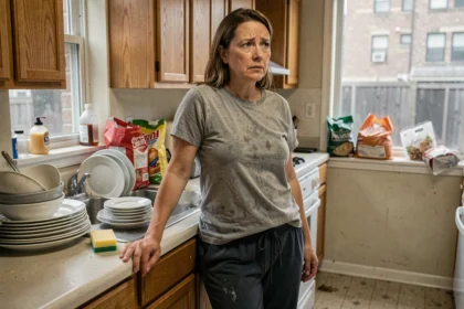Femme épuisée appuyée sur le comptoir de cuisine entourée de vaisselle sale, illustrant le syndrome de la femme de ménage